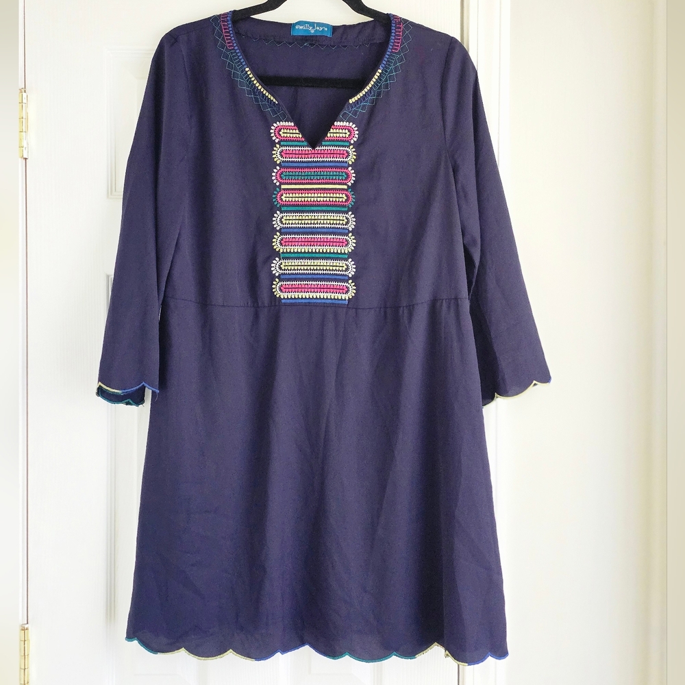 Elegant Navy Dress with Colorful Embroidery